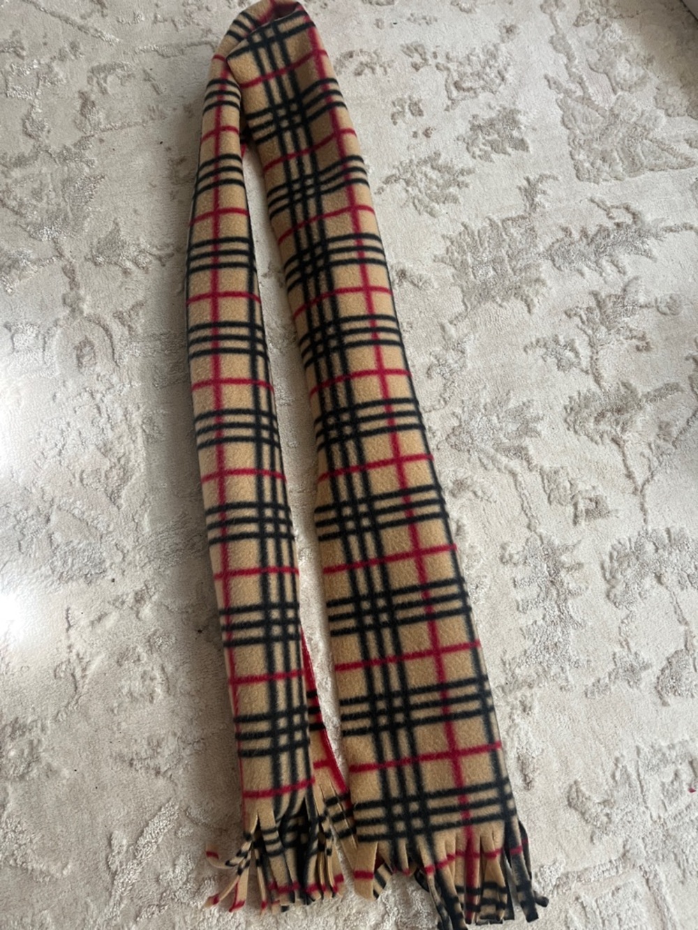 Classic Plaid Fringe Scarf in Tan, Black & Red